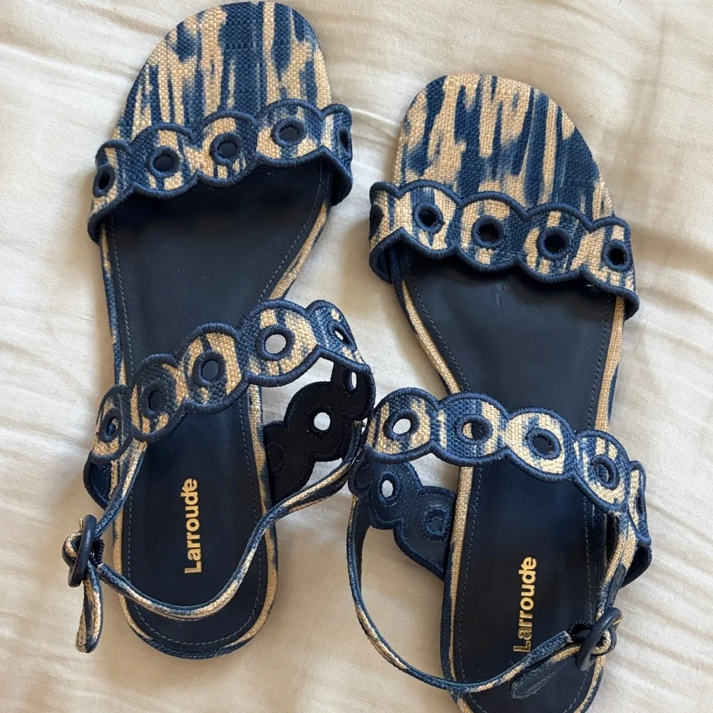 Larroude Navy & Beige Circle-Embellished Women's Sandals - Picture 1 of 2